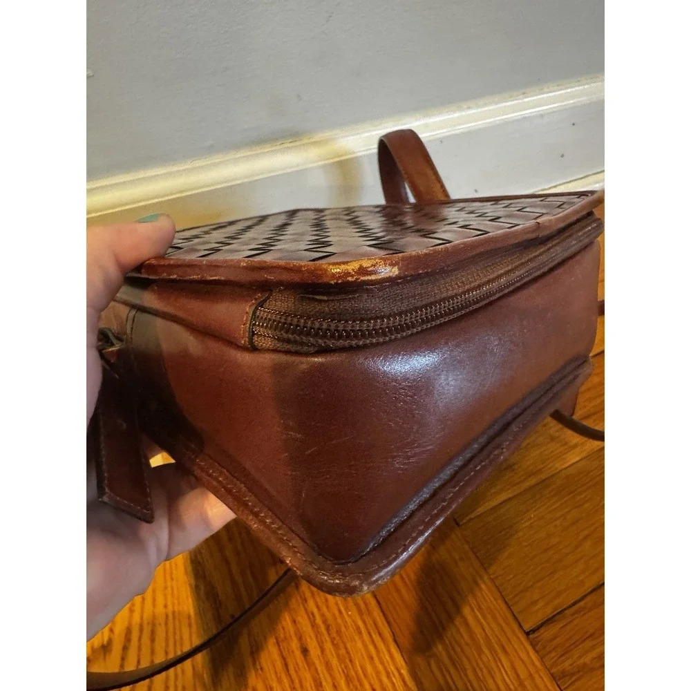 Vintage Etienne Aigner Checkerboard Weave Leather Crossbody Purse Brown Boxy Bag